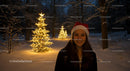 Smiling woman in Santa hat near glowing Christmas trees