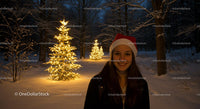 Smiling woman in Santa hat near glowing Christmas trees