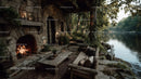 Rustic Riverside Cabin with Stone Fireplace Surrounded by Autumn Foliage