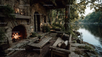 Rustic Riverside Cabin with Stone Fireplace Surrounded by Autumn Foliage
