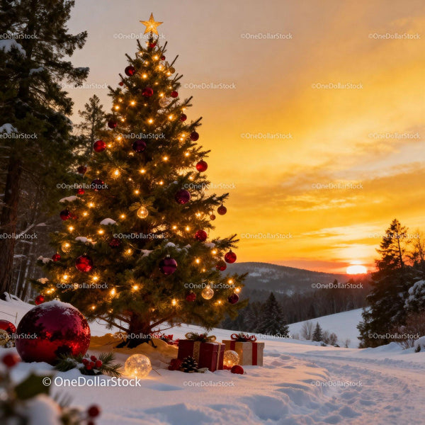 Christmas Tree with Gifts in Snowy Winter Sunset