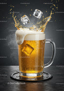 Refreshing Beer Splash with Ice Cubes in Mug