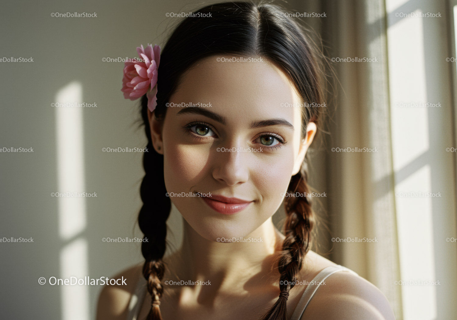 Beautiful Young Woman with Green Eyes and Pink Flower in Hair