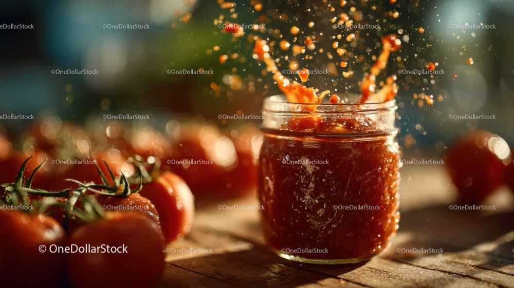 Vibrant Glass Jar of Fresh Tomato Sauce with Cherry Tomatoes on Rustic Surface
