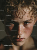 Close-up of Young Man with Intense Gaze and Wet Hair for Artistic Portrait