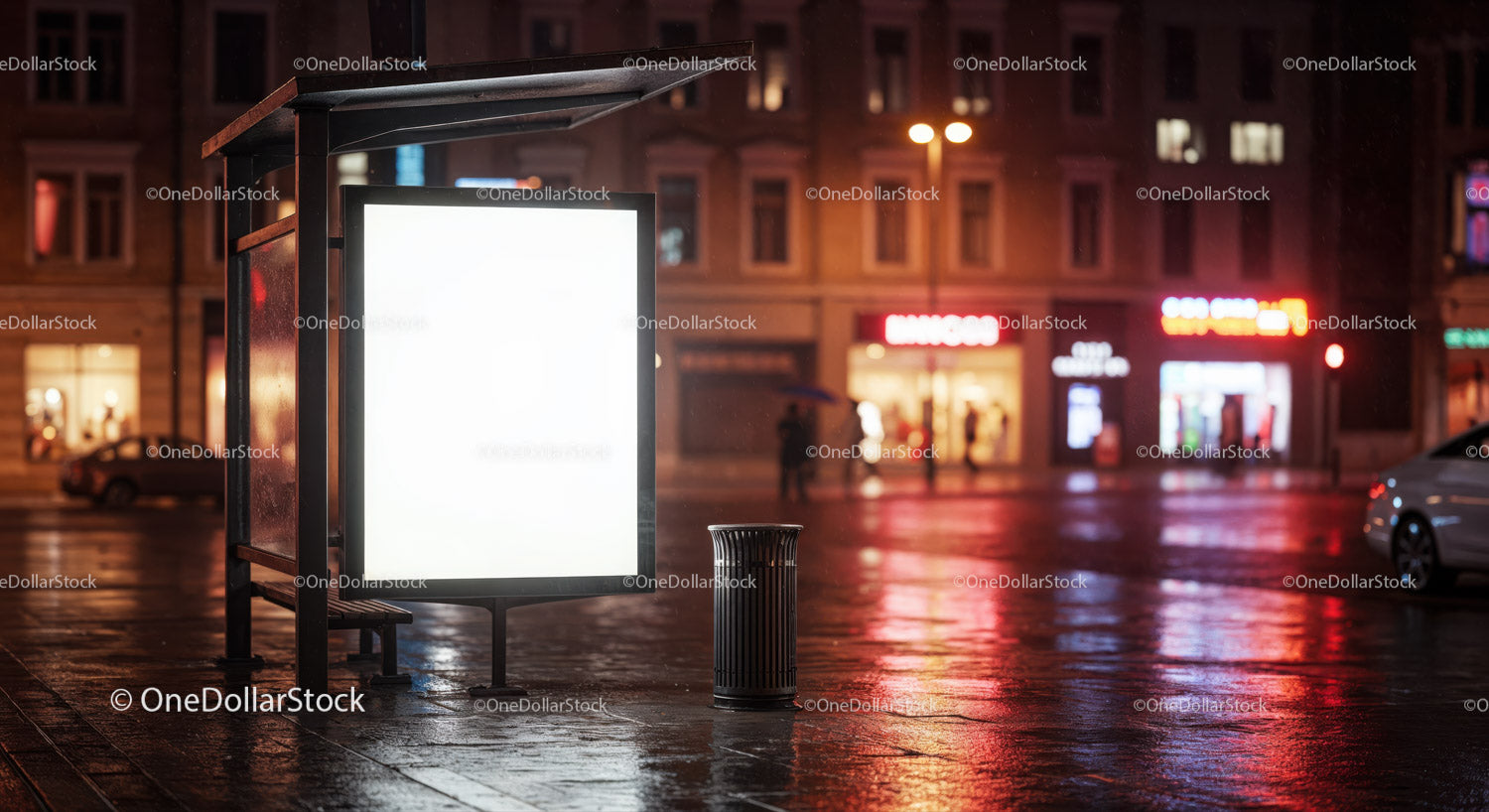 Night City Street Scene with Illuminated Bus Shelter and Rain Reflections