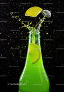 Refreshing green soda bottle with lemon splash