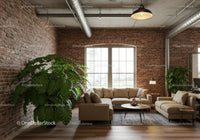 Contemporary Living Room with Green Foliage and Exposed Brick Wall