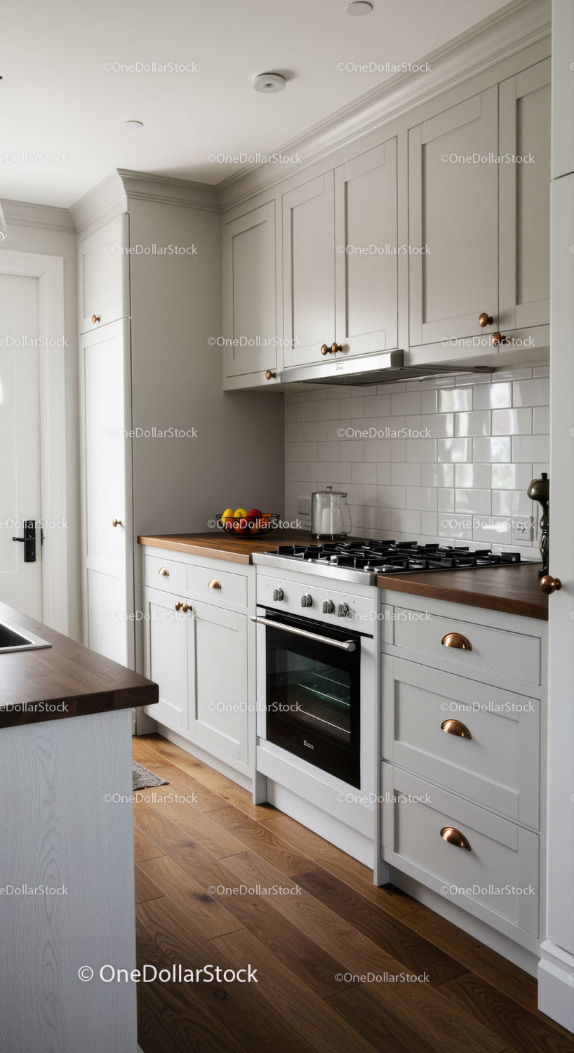 Modern White Kitchen with Wooden Countertop and Cozy Atmosphere