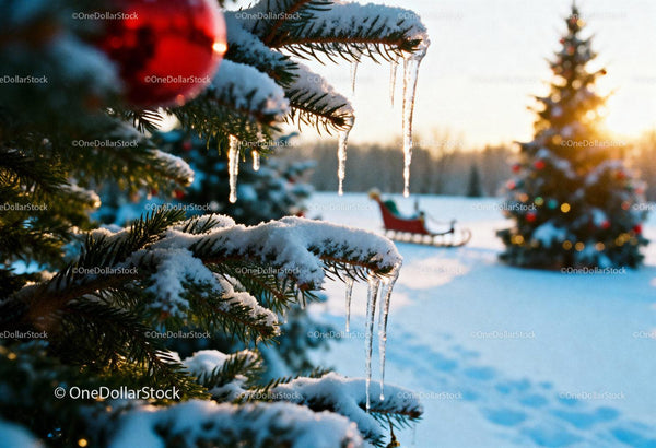 Snowy pine branches with icicles and festive sleigh