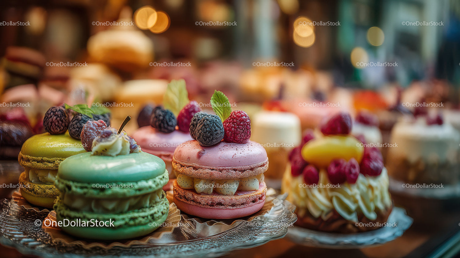 Colorful Macarons with Fresh Berries and Mint Garnish for Dessert Display