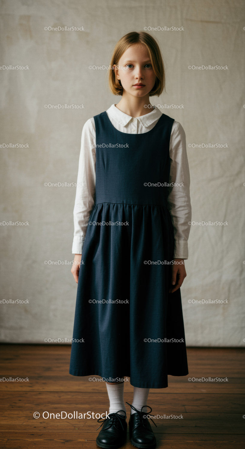 Young Girl in Navy Pinafore and White Shirt Standing Portrait