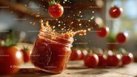 Vibrant Tomato Sauce Splash with Fresh Tomatoes in Background