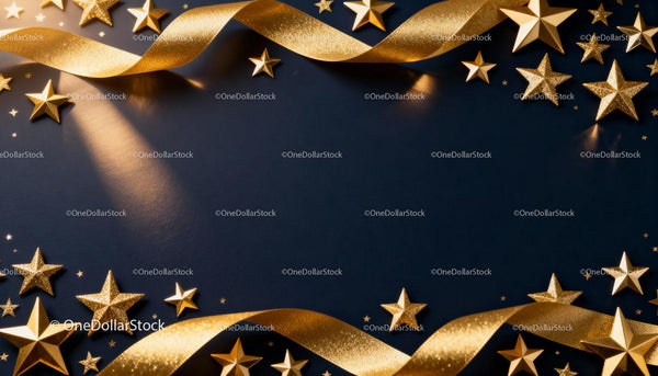 Golden Stars and Ribbon on Dark Blue Background