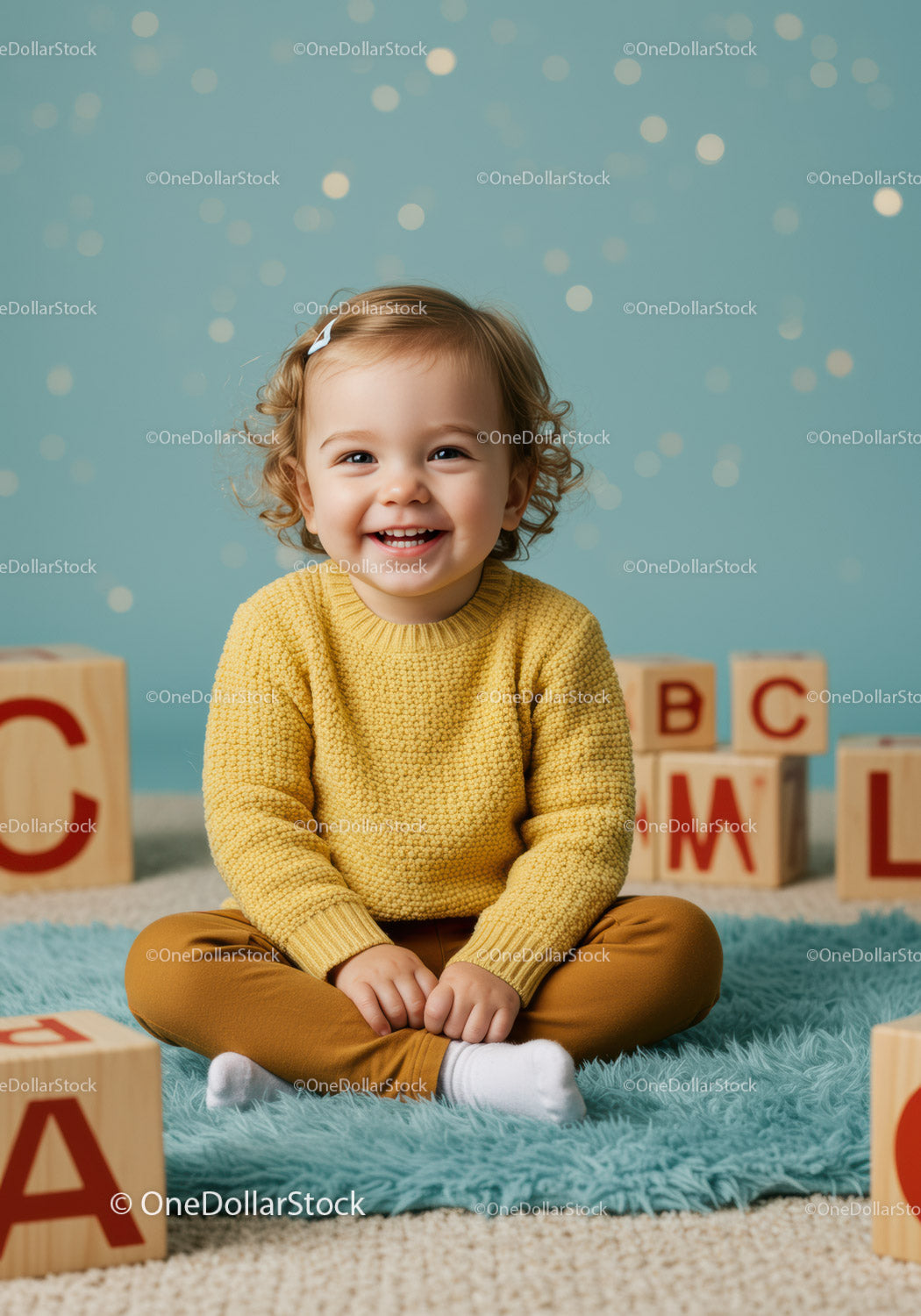 Smiling toddler sitting crosslegged with alphabet blocks