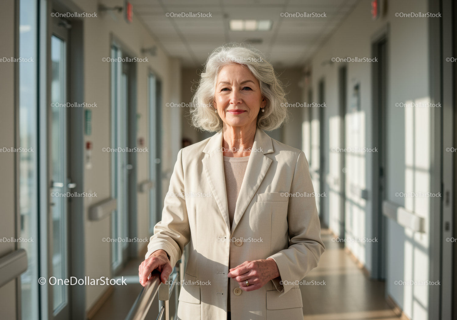 Senior Woman in Light Blazer Walking Through Modern Office Corridor