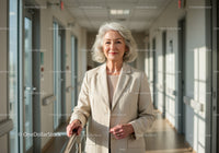 Senior Woman in Light Blazer Walking Through Modern Office Corridor