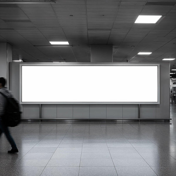 Empty illuminated billboard in modern indoor space JPG Mockup Image