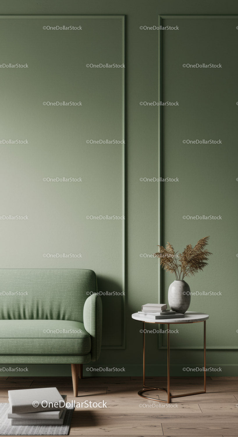 Elegancki zielony salon z minimalistycznym wystrojem i trawą pampasową