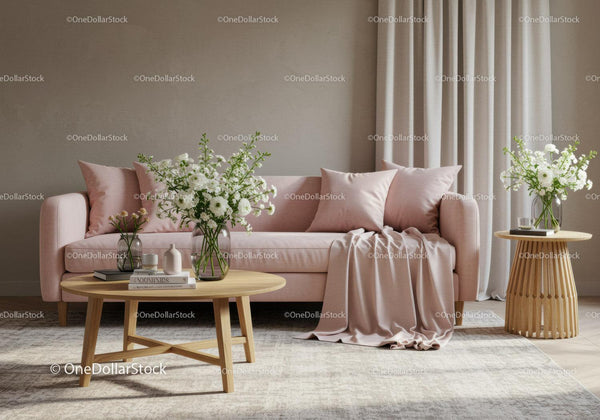 Cozy pink sofa with fresh flowers in modern living room