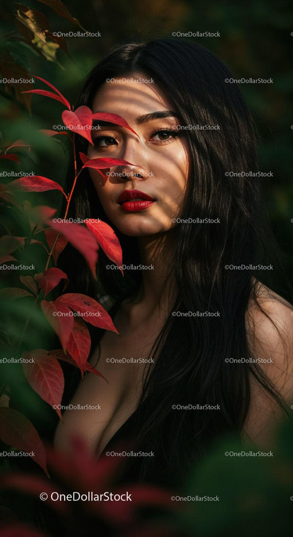 Elegant Woman with Long Black Hair and Red Lips Amid Greenery