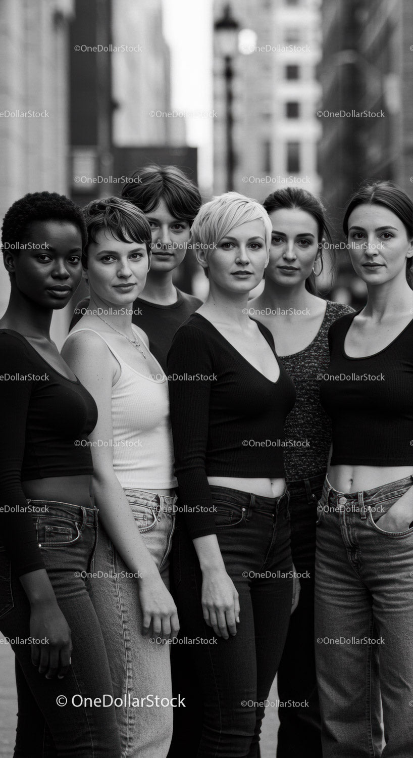 Diverse young women united in urban black and white portrait