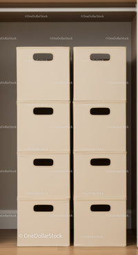 Stacked Beige Fabric Storage Bins in Modern Closet for Home Organization