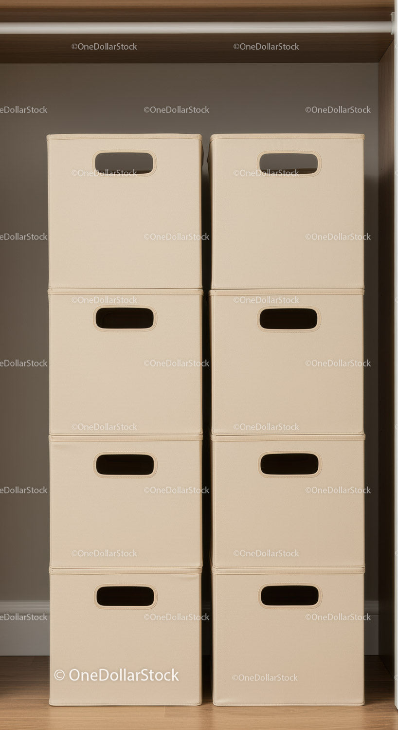 Stacked Beige Fabric Storage Bins in Modern Closet for Home Organization