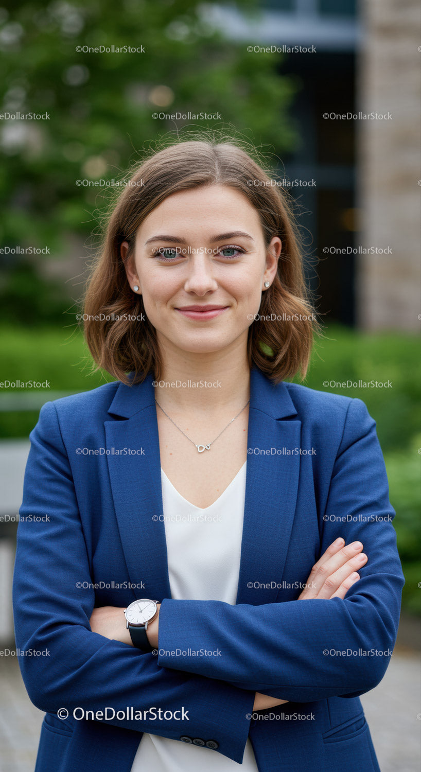 Confident Businesswoman in Blue Blazer Smiling Outdoor Portrait