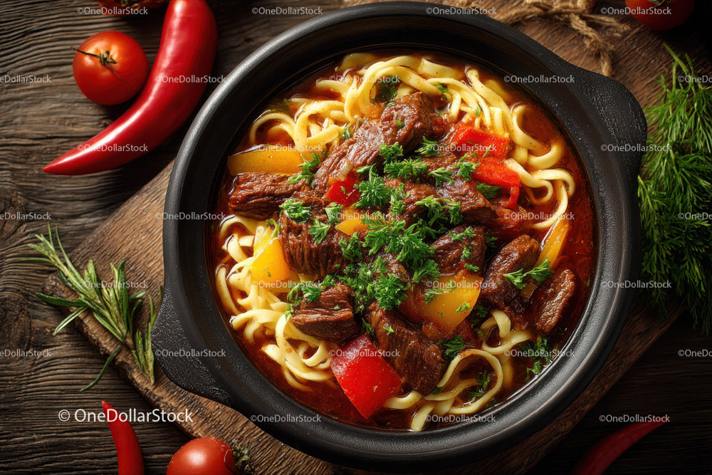 Hearty Beef Stew with Pasta and Fresh Vegetables in Rustic Bowl
