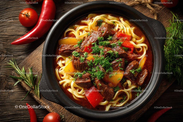 Hearty Beef Stew with Pasta and Fresh Vegetables in Rustic Bowl
