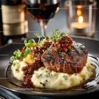 Juicy Steak with Mashed Potatoes and Herb Garnish in Elegant Restaurant