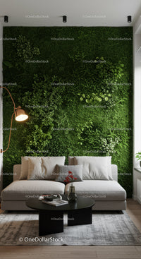 Green Moss Wall in Modern Cozy Living Room for Relaxing Ambience