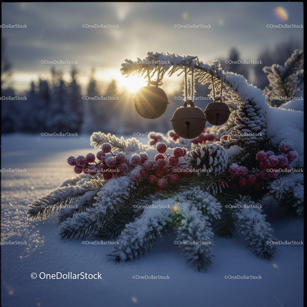 Frosty Winter Branch with Bells and Red Berries at Sunset