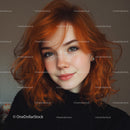 Portrait of Beautiful Young Woman with Red Wavy Hair and Blue Eyes