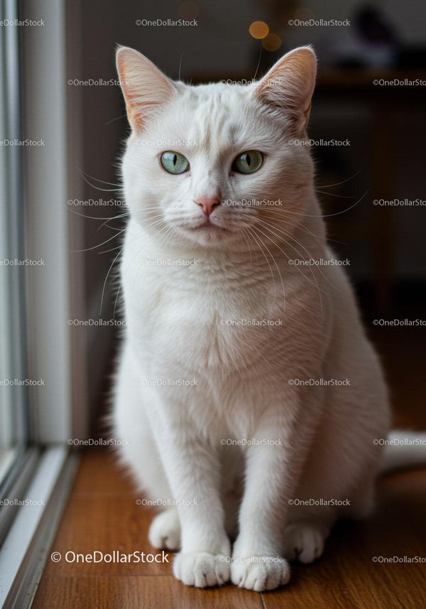 Calm white cat sitting by window on wooden floor