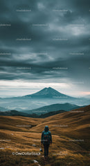 Majestic Mountain Landscape with Hiker Under Cloudy Sky and Green Slopes