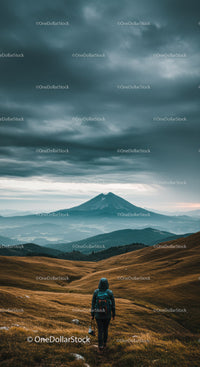 Majestic Mountain Landscape with Hiker Under Cloudy Sky and Green Slopes