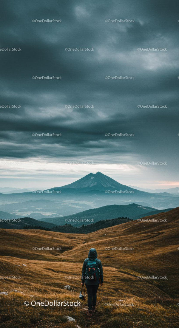 Majestic Mountain Landscape with Hiker Under Cloudy Sky and Green Slopes