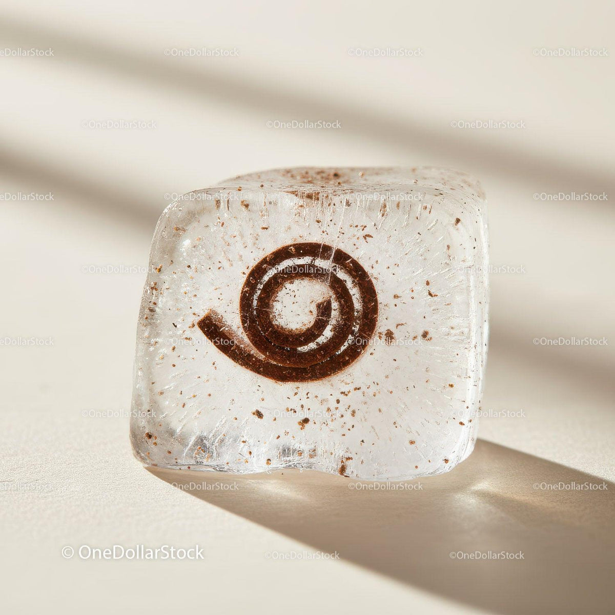 Close up of coffee grounds in frozen ice cube on beige