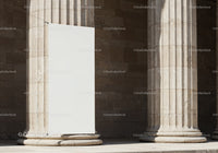 Blank White Banner Hanging Between Stone Columns
