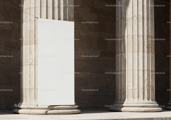 Blank White Banner Hanging Between Stone Columns JPG Mockup Image