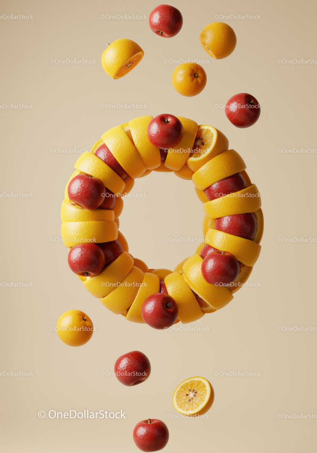 Creative Ring of Sliced Lemons and Whole Red Apples