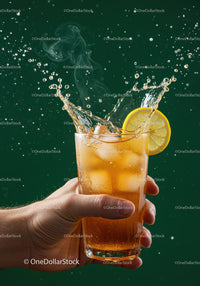 Refreshing iced tea splash with lemon slice