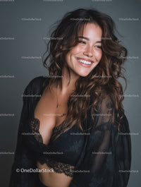 Joyful Woman with Wavy Hair Wearing Black Lace Lingerie and Sheer Blouse