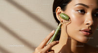 Young Woman Performing Facial Massage with Jade Roller for Glowing Skin
