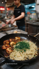 Spaghetti with Meatballs and Sautéed Greens in a Kitchen Setting