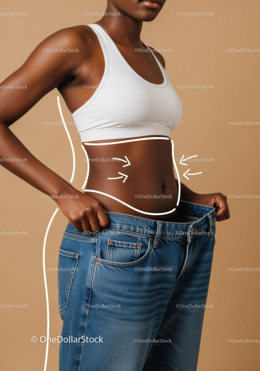 Slim Woman with Toned Abs and Blue Jeans Showing Body Transformation