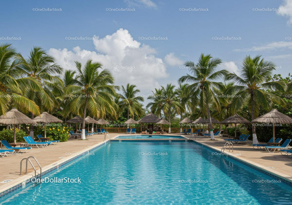 Tropical Resort with Swimming Pool and Lush Green Palm Trees