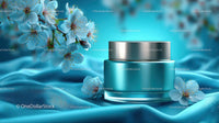 Refreshing Cosmetic Jar with Cherry Blossoms on Blue Silk